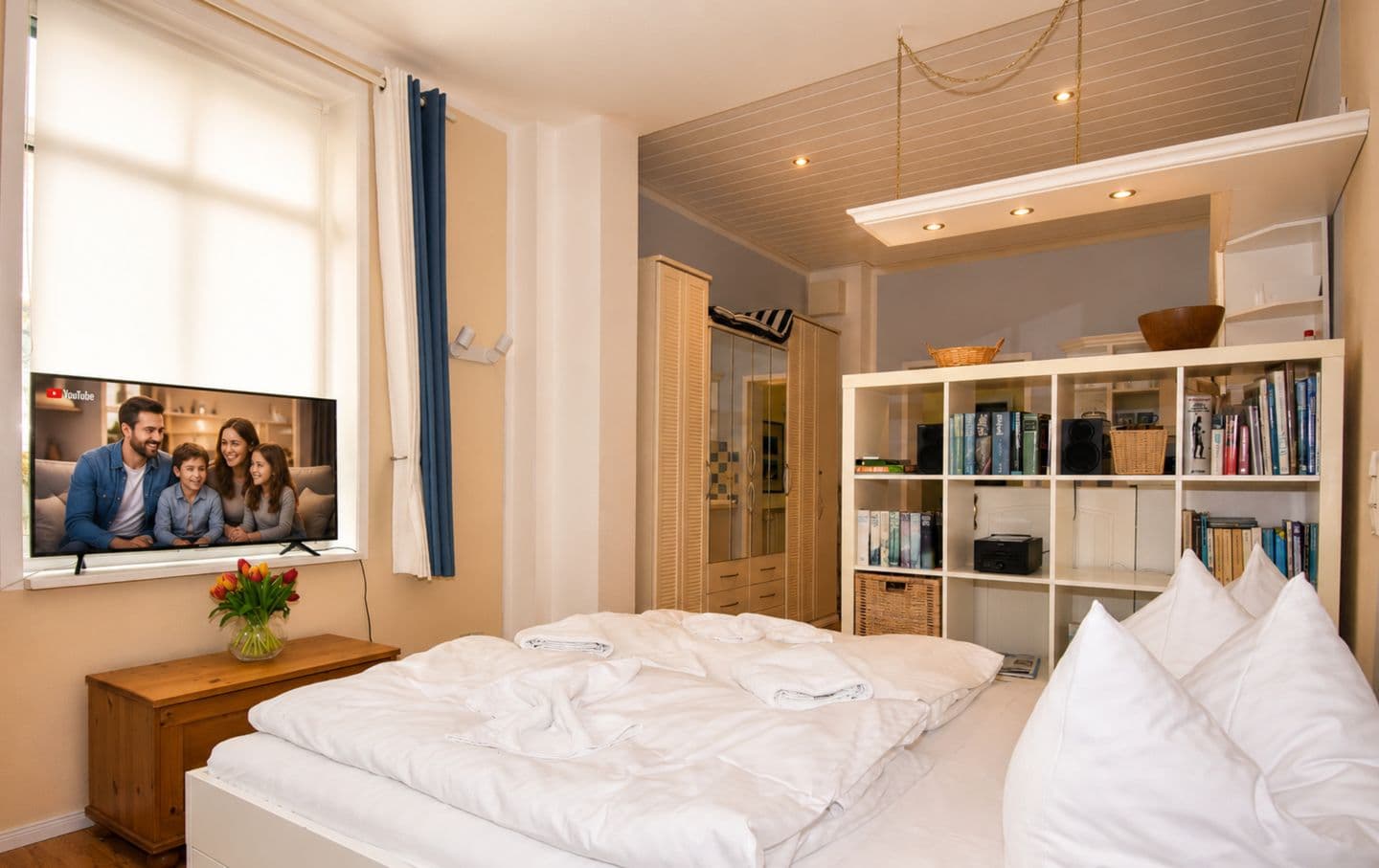 Wohnbereich mit Doppelbett und TV